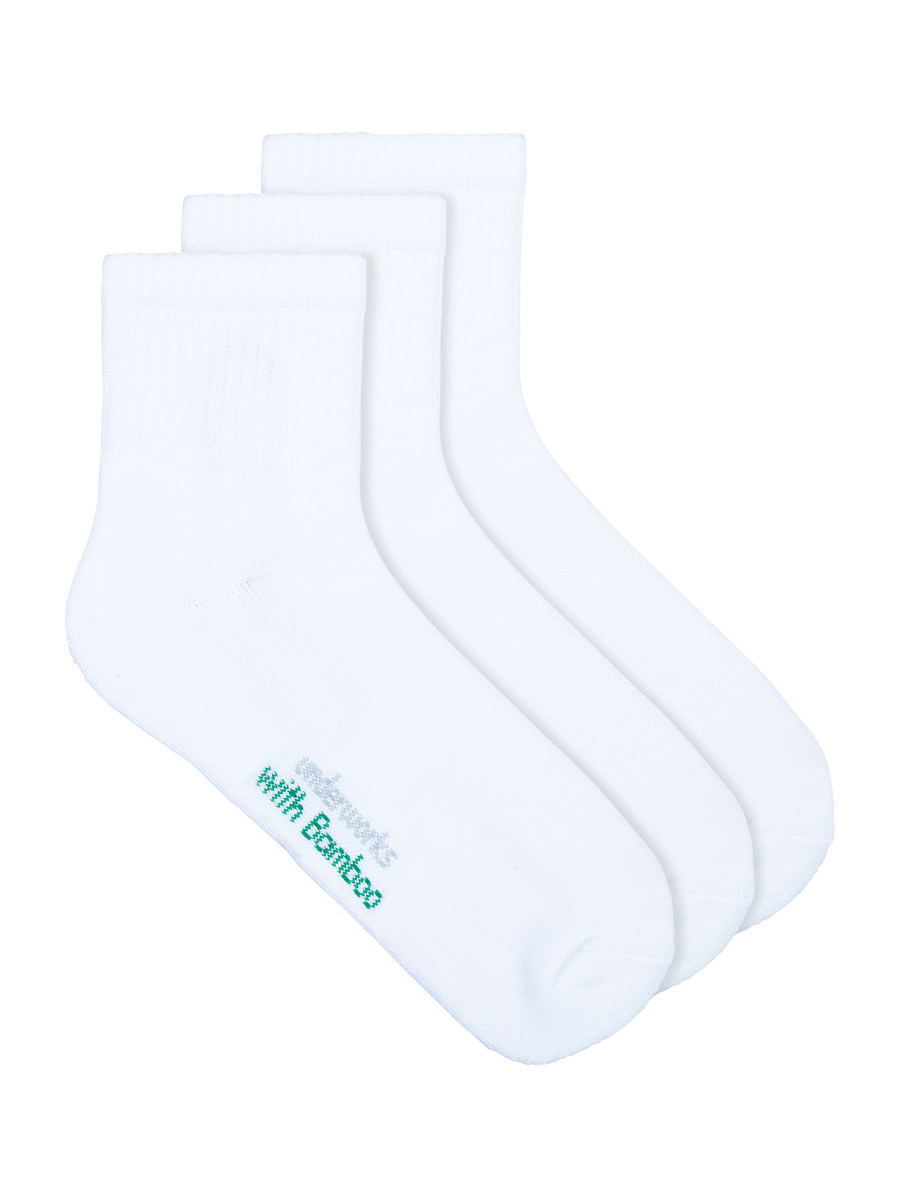 Mens white organic bamboo sports quarter crew socks - 3 pack