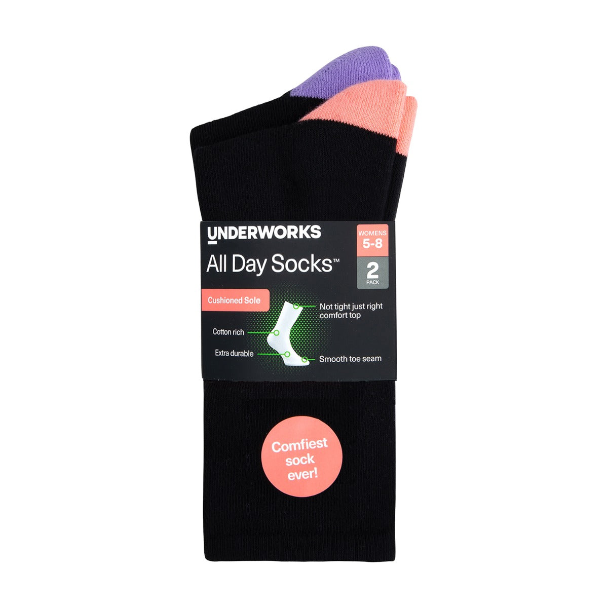 Women's All Day Cotton Rich Cushion Crew Socks 2 Pack