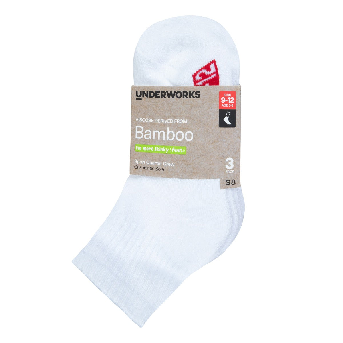 Kids Viscose derived from Bamboo Cushioned Sport Quarter Crew Socks 3 Pack