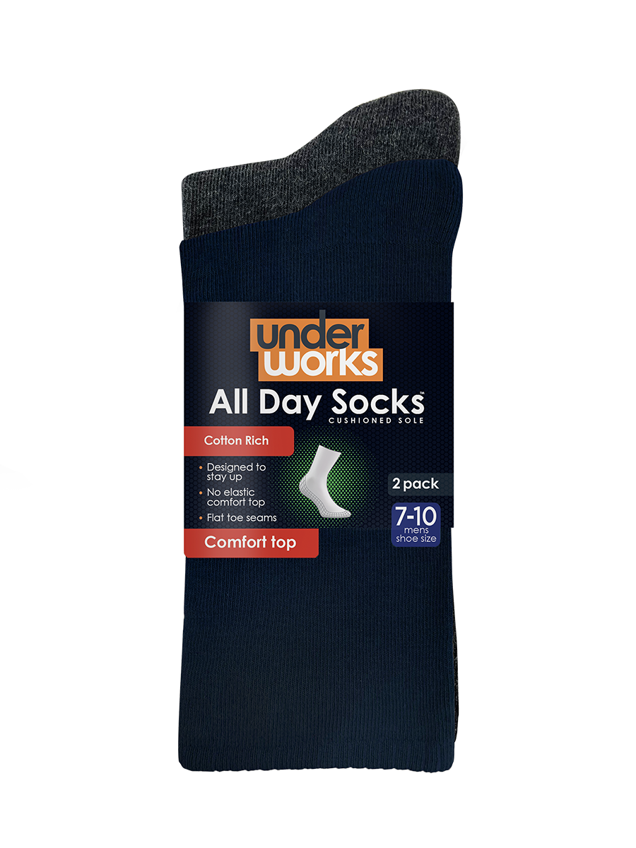 Men's All Day Socks Cotton Rich Cushion Crew 2 Pack