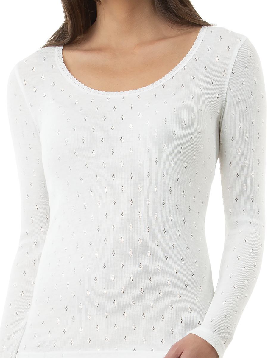 womens ivory pointelle long sleeve thermal - underworks