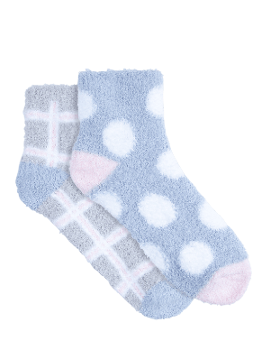womens blue spot grey check cosies socks 2 pack - underworks