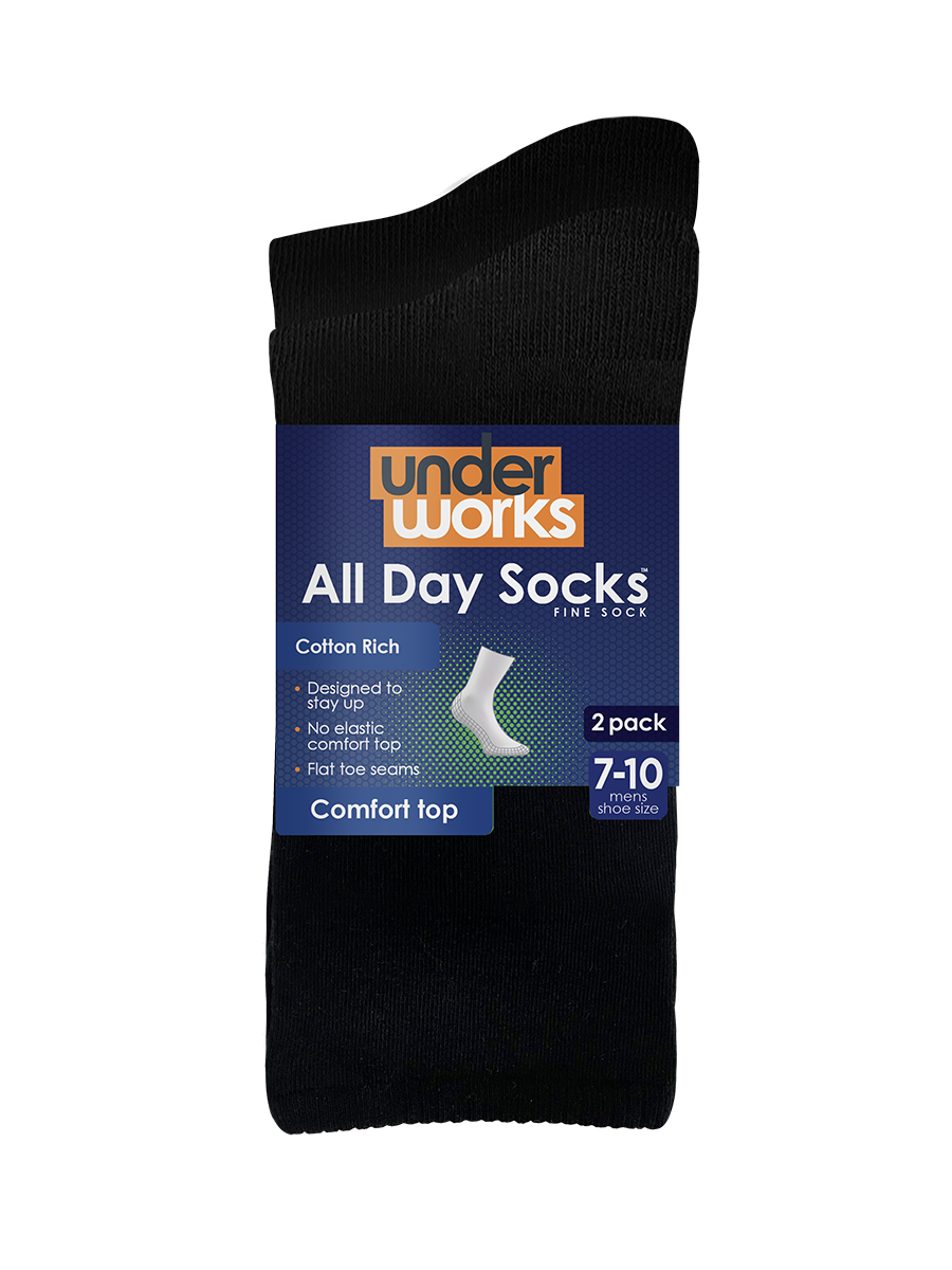 Mens All Day Socks Fine Crew Plain 2 Pack | Underworks